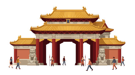 Obraz premium Traditional Chinese Imperial Gate with People and Guards