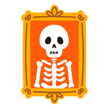 Halloween skeleton skull gold frame portrait. Gothic spooky orange death bone ribcage. Mystical antique rectangular border ornament. Esoteric horror pirate  framed