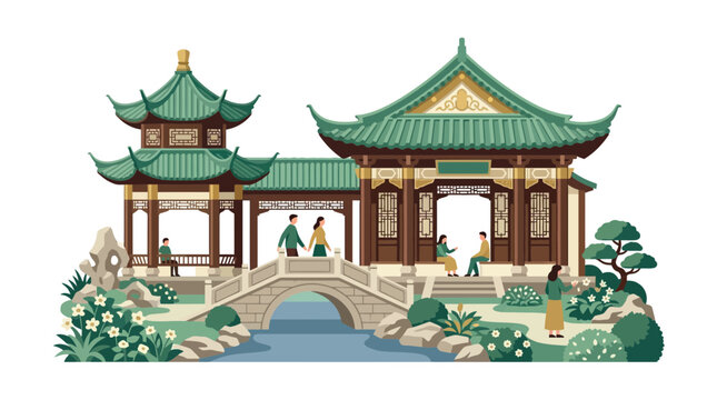 Traditional Chinese Garden with Pagoda, Bridge, and People