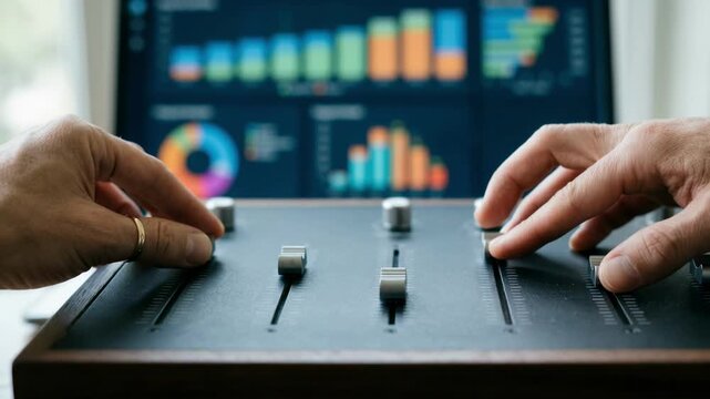 Close medium shot of hands manipulating interest rate sliders with the roboadvisors suggested optimal loan mix visible but blurred behind.