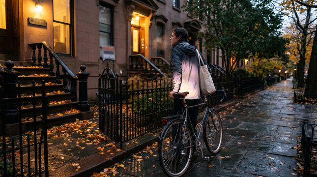 Reflective Cycling Jacket Home Arrival On Cool Autumn Evening