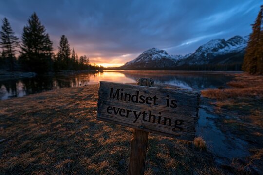 Weathered sign reading Mindset is Everything overlooking a tranquil alpine lake at blue hour
