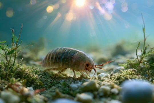 Underwater macro photography of a freshwater crustacean clinging to gravel
