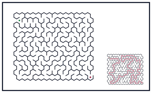 Minimalist black and white hexagonal maze vector illustration. Hexagon honeycomb labyrinth puzzle isolated on white background. Concept of logical thinking, network, and business solution.