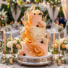 Fototapeta premium Luxury Pastel Peach Wedding Cake with Translucent Sugar Glass Wave and Gold Leaf