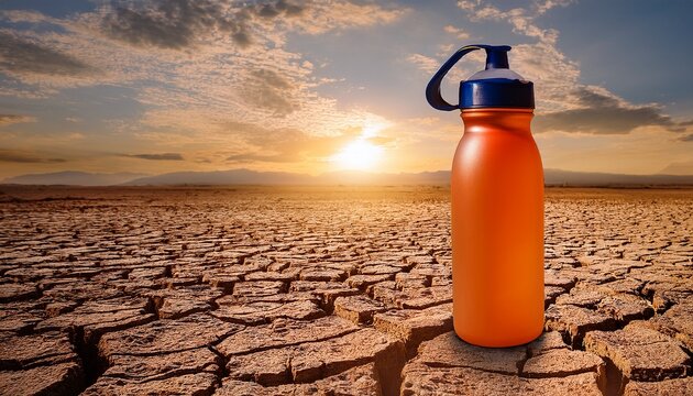 a sports water bottle stands on parched ground with deep cracks under a hot sun concept of global warming climate change water scarcity and extreme drought