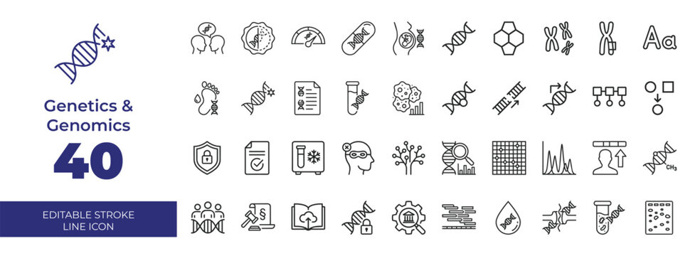 Set of 40 genetics and genomics line icons for scientific research with line art
