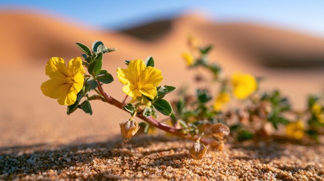 Tribulus terrestris blooming plant in the Namib Desert dunes at golden hour