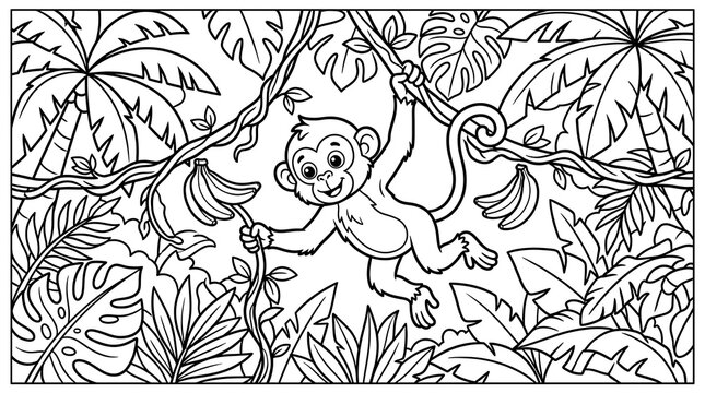 Cute monkey hanging from a branch with bananas in a jungle setting.