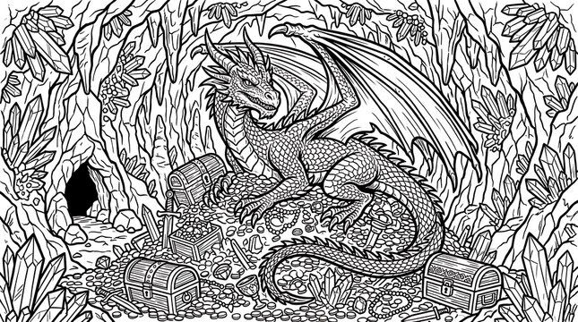 A detailed black and white illustration of a dragon guarding a treasure hoard in a cave.