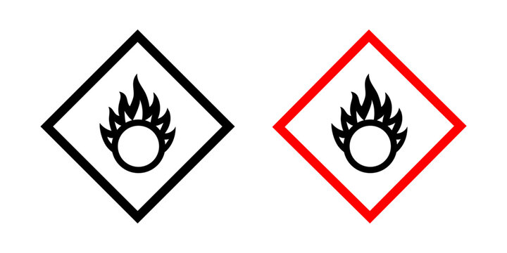 GHS oxidizer pictogram with flame over circle hazard symbol. Safety label for oxidizing substances, chemical safety, fire hazards and hazardous materials
