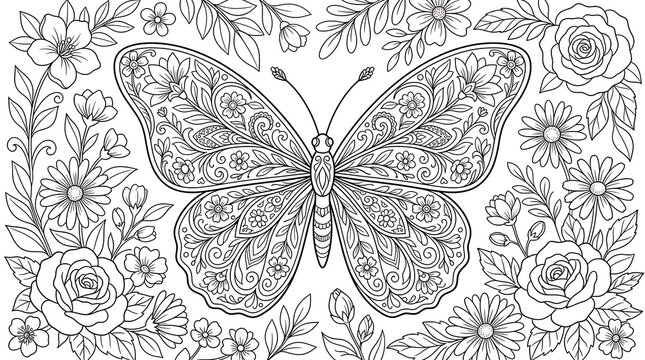 Intricate butterfly coloring page surrounded by detailed floral elements.