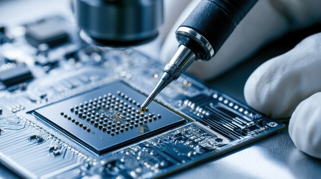 Macro view of a BGA chip undergoing rework on a circuit board with a hot air rework station