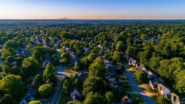 Marietta suburb aerial scene: calm residential network under morning light and distant city skyline