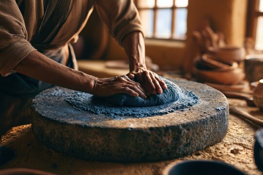 Woman kneading blue corn masa on a traditional stone metate to make tortillas in a sunlit rustic kitchen