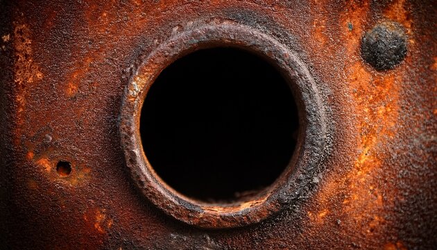 close up of deep corrosion on an iron plate with a dark hole concept of industrial decay structural failure and material aging