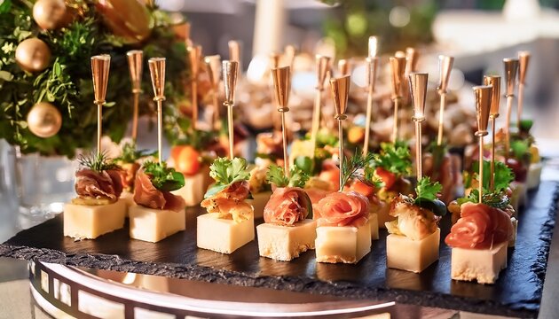 elegant appetizers adorn a buffet table symbolizing sophistication and social gatherings ideal for event planning catering and corporate events promotion