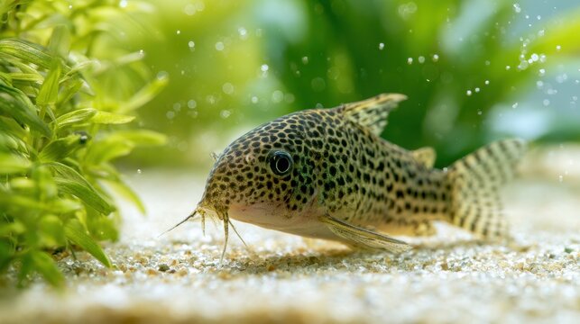 Leopard-pattern Corydoras julii catfish in a planted freshwater aquarium with gentle lighting