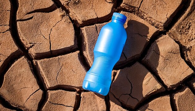 an overhead shot of a single blue water bottle lying on parched soil with deep cracks concept of global warming extreme drought climate change and water scarcity