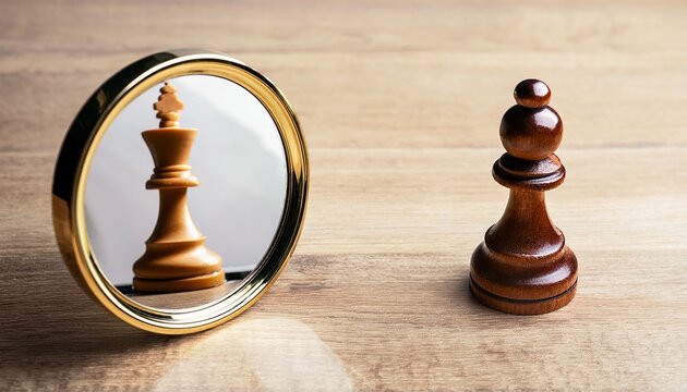 chess pawn in mirror seeing king reflection ambition self confidence concept