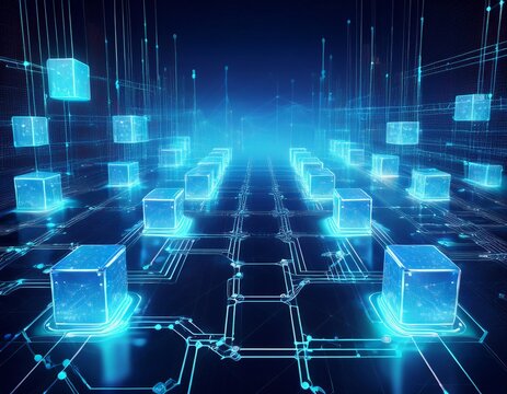 representasi visual jaringan blockchain terdesentralisasi dengan blok data transparan yang saling terhubung dalam cahaya biru digital