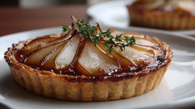 Sweet pear tart with fresh thyme garnish on a white plate with shallow depth of field