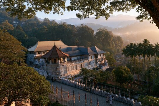 Sunrise at Dalada Maligawa temple, serene courtyard and forested hills in Sri Lanka