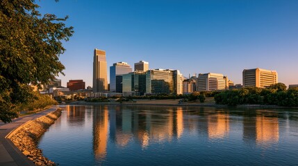 Fototapeta premium Summer cityscape of Omahaâ€™s downtown with glass towers and blue sky