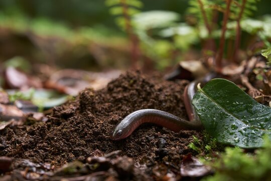 Macro photograph of a camouflaged caecilian burrowing in moist humus on a tropical forest floor