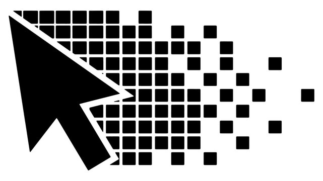 Computer mouse cursor pointer dissolving into digital pixels with technology dissolve internet computer