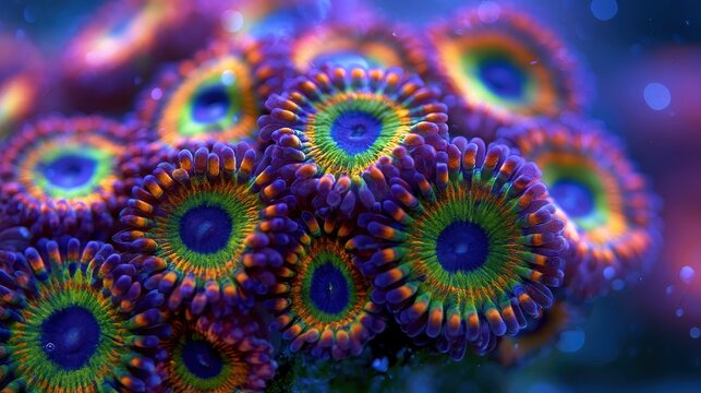Macro photograph of a vibrant zoanthid coral cluster in a reef aquarium under blue lighting
