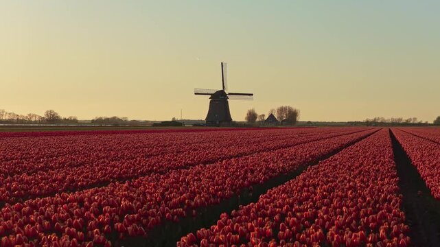 Dutch windmill standing in a red tulip field at sunset