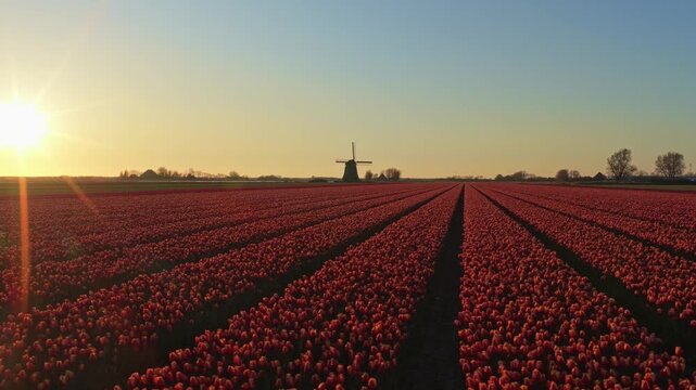 Dutch windmill standing in red tulip field at sunset