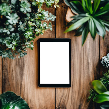 Tablet with a blank white screen on a wooden table surrounded by green plants, mockup