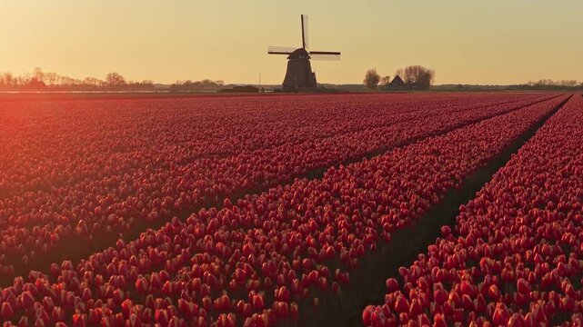 Dutch windmill standing in a red tulip field at sunset