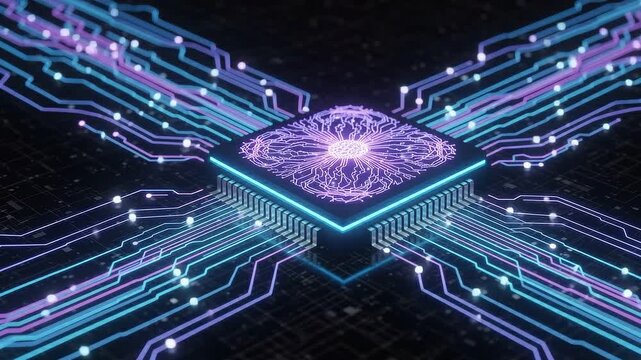 Digital processor chip with glowing circuitry