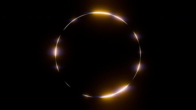 Glowing gold light ring portal on solid black background, abstract golden neon circle of light streaks, futuristic energy halo loop 4K