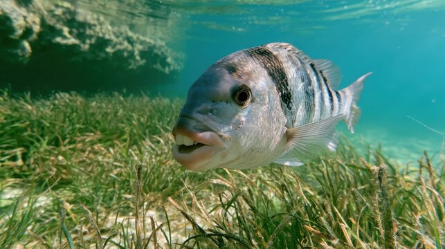 Underwater portrait of a sheepshead fish along the Texas coast, silver body and teeth