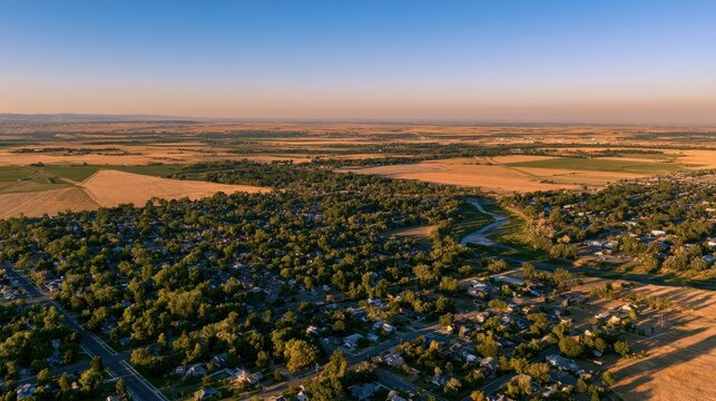 Summer aerial landscape of Greeley, Colorado: green fields and urban grids in sunlight
