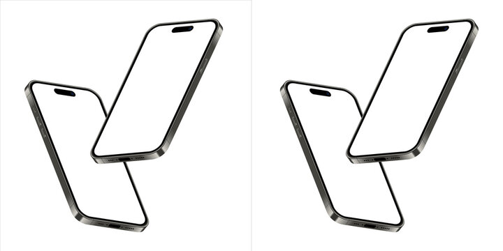 Two pairs of modern smartphones with blank white screens, angled and floating, ideal for app and website mockup presentations, isolated on transparent background