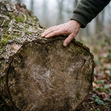 Wisdom and age shown as an older hand resting on a tree cross-section of growth rings