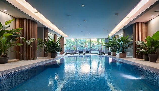 beautiful modern spa center with a pool with bright blue water spacious hall with beautiful tropical plants in the foreground on the floor tiles