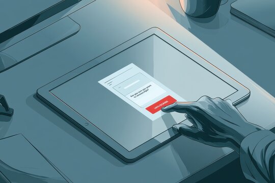 Minimalist illustration of an unsubscribe action on a digital inbox interface with a bold red confirmation button