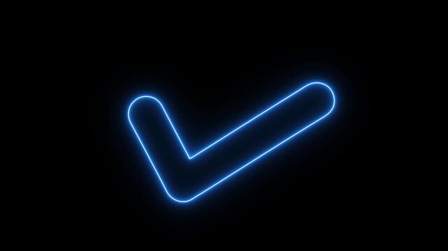 Glowing orange check mark icon with a neon light effect on a dark black background representing success and approval.4k video.