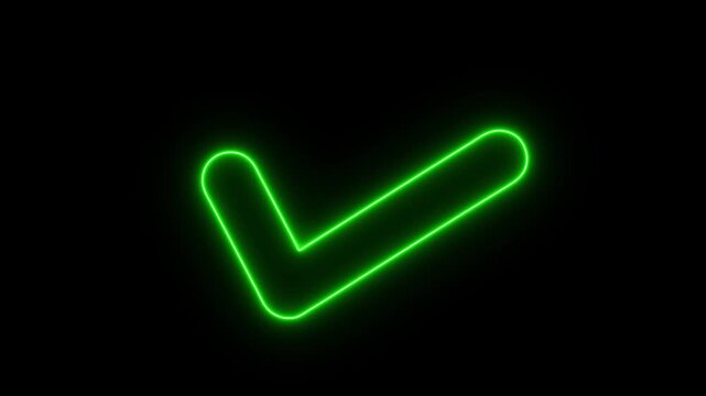 Glowing orange check mark icon with a neon light effect on a dark black background representing success and approval.4k video.