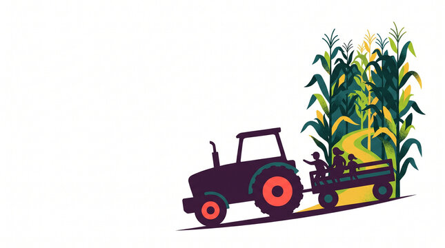 Tractor pulling wagon through corn maze on bright white background  