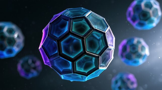 Scientific style illustration showing carbon buckyball cages with glow and depth in space