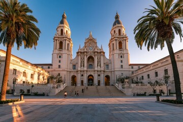Fototapeta premium Low-angle view of Pasadena City Hall, twin clock towers, intricate carvings, and tranquil urban setting