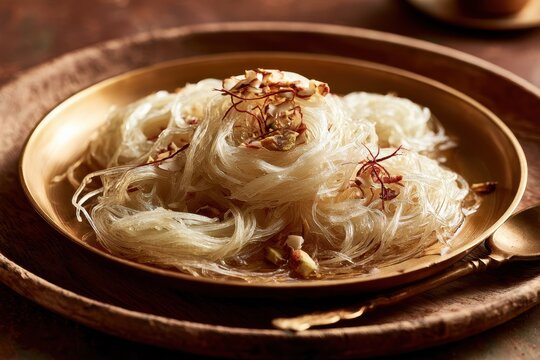 Sutarfeni-inspired flaky sweet made from maida with saffron, almonds, and pistachios on a copper plate