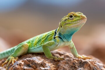 Fototapeta premium Male Eastern Collared Lizard basking on sunlit desert rock with bold neck bands